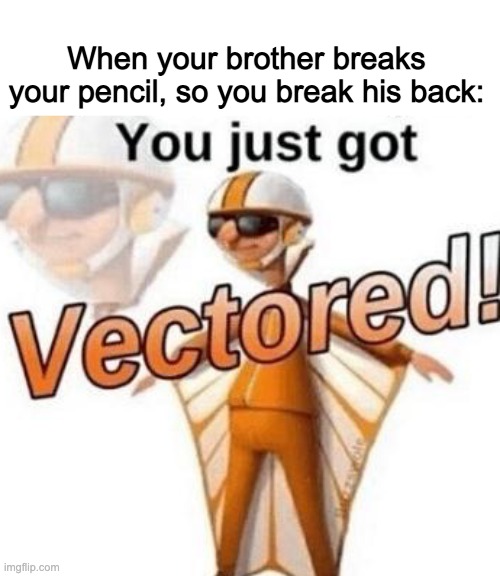 True tho, check out my other uploads | When your brother breaks your pencil, so you break his back: | image tagged in you just got vectored | made w/ Imgflip meme maker