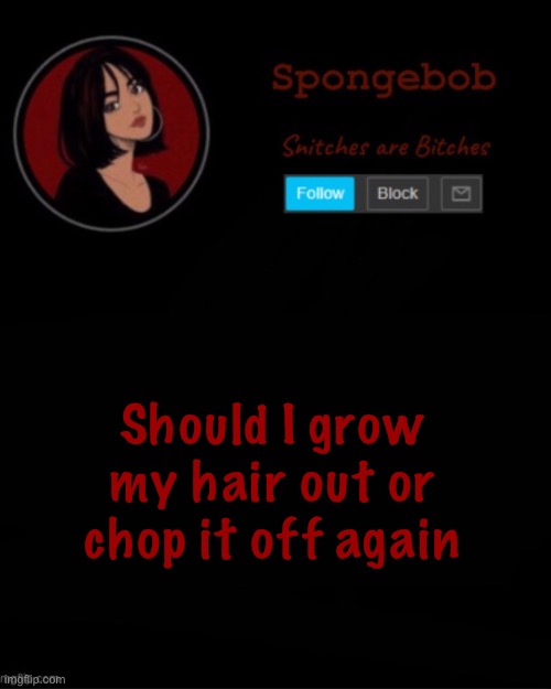 Sponge temp | Should I grow my hair out or chop it off again | image tagged in sponge temp | made w/ Imgflip meme maker