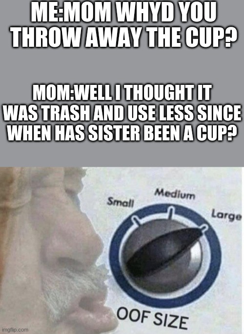 Oof size large | ME:MOM WHYD YOU THROW AWAY THE CUP? MOM:WELL I THOUGHT IT WAS TRASH AND USE LESS SINCE WHEN HAS SISTER BEEN A CUP? | image tagged in oof size large | made w/ Imgflip meme maker