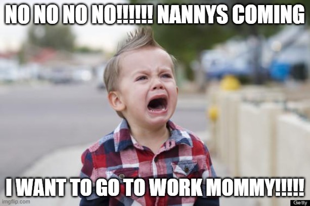 Crying kid | NO NO NO NO!!!!!! NANNYS COMING; I WANT TO GO TO WORK MOMMY!!!!! | image tagged in crying kid | made w/ Imgflip meme maker