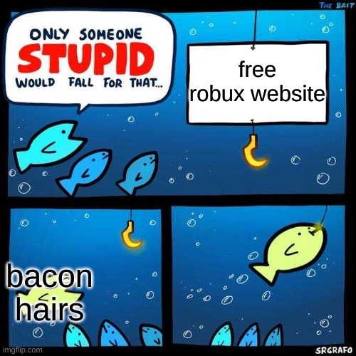 bacon hairs be like | free robux website; bacon hairs | image tagged in only someone stupid would fall for that | made w/ Imgflip meme maker