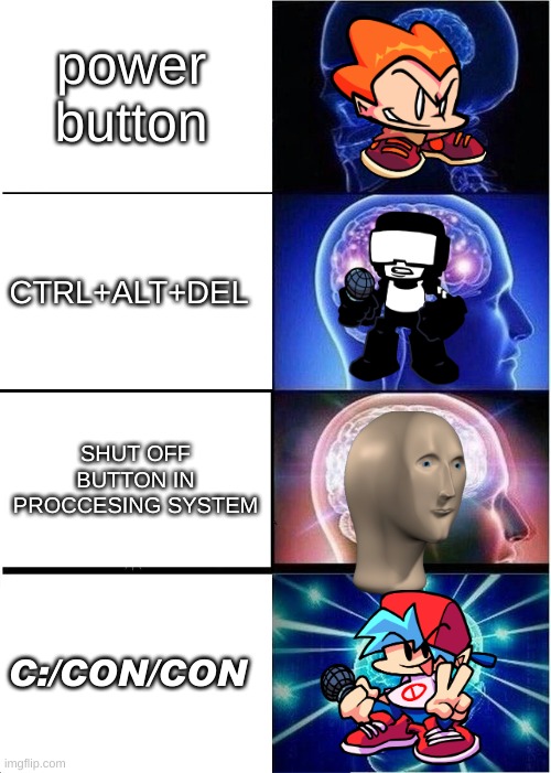 bro | power button; CTRL+ALT+DEL; SHUT OFF BUTTON IN PROCCESING SYSTEM; C:/CON/CON | image tagged in memes,expanding brain | made w/ Imgflip meme maker