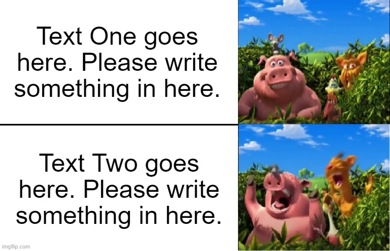 Link in the comments! | Text One goes here. Please write something in here. Text Two goes here. Please write something in here. | image tagged in laughing barnyard gang,mmmmm,perhaps cow,barnyard,back at the barnyard,memes | made w/ Imgflip meme maker