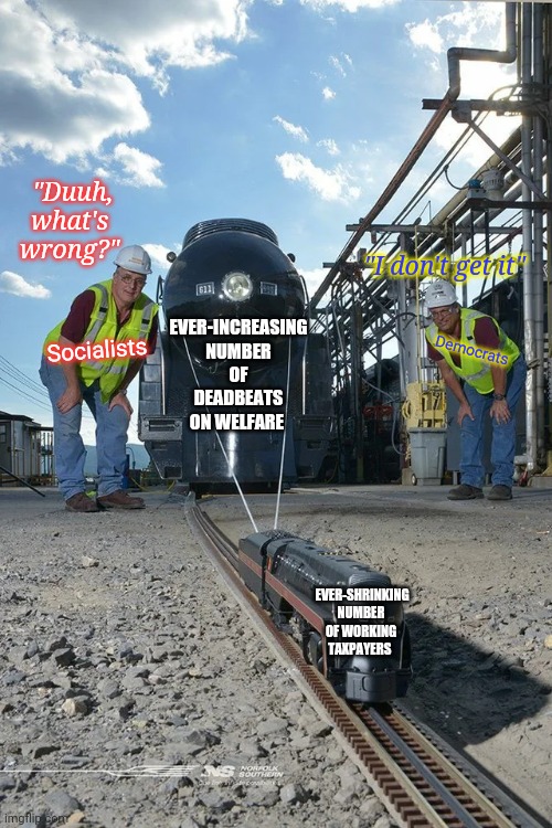 What's wrong with this picture & why won't it work?? | "Duuh, what's wrong?"; "I don't get it"; Democrats; Socialists; EVER-INCREASING NUMBER OF DEADBEATS ON WELFARE; EVER-SHRINKING NUMBER OF WORKING TAXPAYERS | image tagged in small train pulling big train,liberal logic,epic fail,liberalism,economics,ridiculous | made w/ Imgflip meme maker