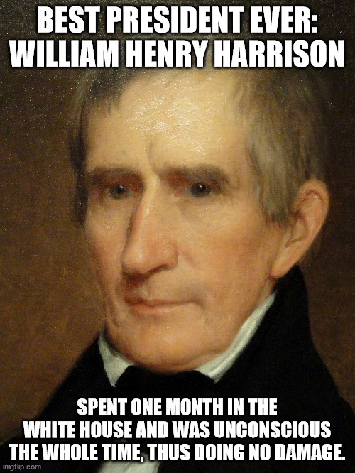 William Henry Harrison | BEST PRESIDENT EVER: WILLIAM HENRY HARRISON SPENT ONE MONTH IN THE WHITE HOUSE AND WAS UNCONSCIOUS THE WHOLE TIME, THUS DOING NO DAMAGE. | image tagged in william henry harrison | made w/ Imgflip meme maker