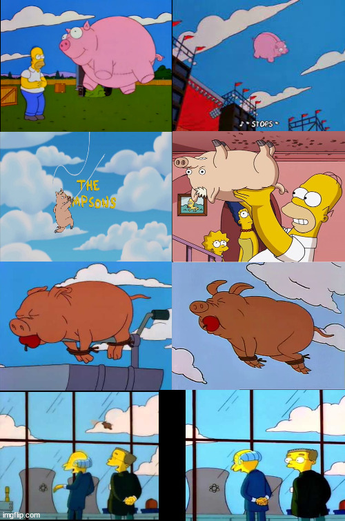 Obscure Flying Pigs | image tagged in eight panel rage comic maker,simpsons,spider pig,flying pig,pig,funny animals | made w/ Imgflip meme maker