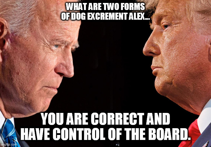WHAT ARE TWO FORMS OF DOG EXCREMENT ALEX... YOU ARE CORRECT AND HAVE CONTROL OF THE BOARD. | image tagged in trump,biden,shit | made w/ Imgflip meme maker
