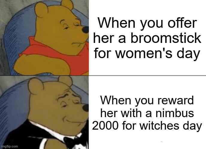 So generous | When you offer her a broomstick for women's day; When you reward her with a nimbus 2000 for witches day | image tagged in memes,tuxedo winnie the pooh,harry potter | made w/ Imgflip meme maker