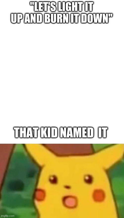 "LET'S LIGHT IT UP AND BURN IT DOWN"; THAT KID NAMED  IT | image tagged in blank white template,memes,surprised pikachu | made w/ Imgflip meme maker
