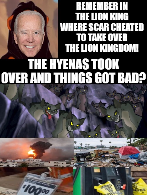 Remember when the hyenas took over? | REMEMBER IN THE LION KING WHERE SCAR CHEATED TO TAKE OVER THE LION KINGDOM! THE HYENAS TOOK OVER AND THINGS GOT BAD? | image tagged in stupid liberals,lion king,hyena,biden,morons,idiots | made w/ Imgflip meme maker