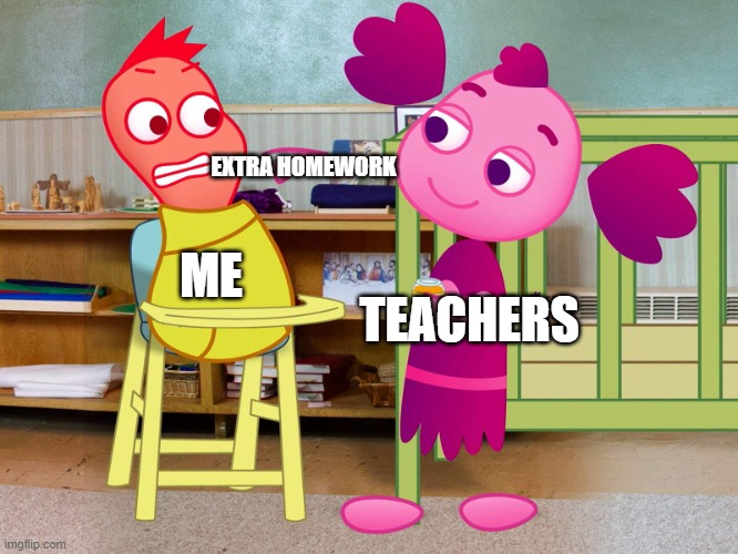 Help make this a meme please | EXTRA HOMEWORK; ME; TEACHERS | image tagged in is someone cranky without apple sauce | made w/ Imgflip meme maker