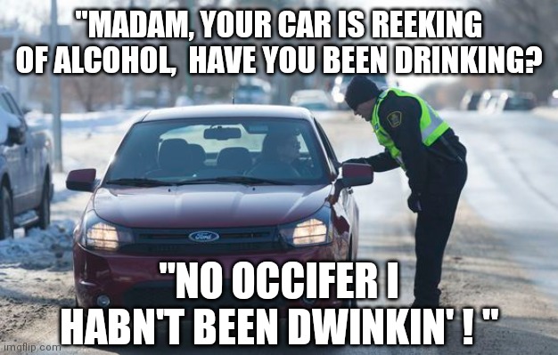 DWI | "MADAM, YOUR CAR IS REEKING OF ALCOHOL,  HAVE YOU BEEN DRINKING? "NO OCCIFER I HABN'T BEEN DWINKIN' ! " | image tagged in drunk driving | made w/ Imgflip meme maker