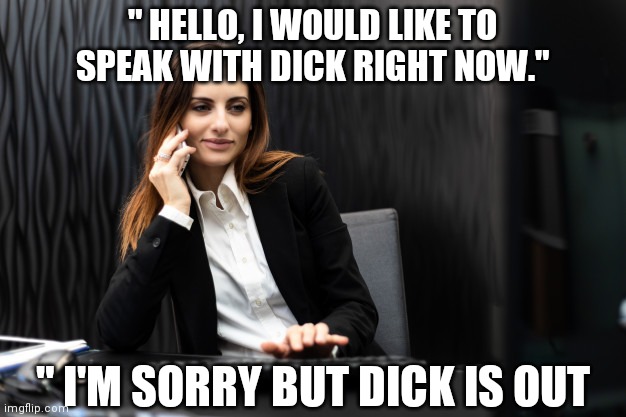Secretary | " HELLO, I WOULD LIKE TO SPEAK WITH DICK RIGHT NOW."; " I'M SORRY BUT DICK IS OUT | image tagged in secretary | made w/ Imgflip meme maker