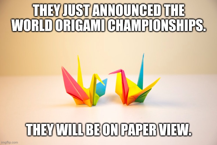 THEY JUST ANNOUNCED THE WORLD ORIGAMI CHAMPIONSHIPS. THEY WILL BE ON PAPER VIEW. | image tagged in origami | made w/ Imgflip meme maker