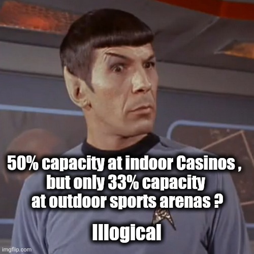 Puzzled Spock | 50% capacity at indoor Casinos , 
but only 33% capacity
 at outdoor sports arenas ? Illogical | image tagged in puzzled spock | made w/ Imgflip meme maker