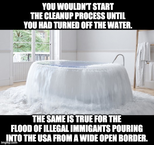 A disastrous flood | YOU WOULDN'T START THE CLEANUP PROCESS UNTIL YOU HAD TURNED OFF THE WATER. THE SAME IS TRUE FOR THE FLOOD OF ILLEGAL IMMIGANTS POURING INTO THE USA FROM A WIDE OPEN BORDER. | image tagged in illegal immigration,open borders | made w/ Imgflip meme maker