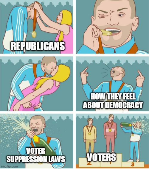 3rd Place Celebration | REPUBLICANS; HOW THEY FEEL ABOUT DEMOCRACY; VOTER SUPPRESSION LAWS; VOTERS | image tagged in 3rd place celebration | made w/ Imgflip meme maker