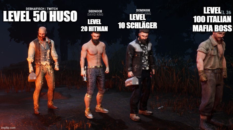 LEVEL 20 HITMAN; LEVEL 50 HUSO; LEVEL 100 ITALIAN MAFIA BOSS; LEVEL 10 SCHLÄGER | made w/ Imgflip meme maker