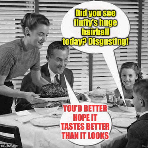 Vintage Family Dinner | Did you see fluffy's huge hairball today? Disgusting! YOU'D BETTER HOPE IT TASTES BETTER THAN IT LOOKS | image tagged in vintage family dinner | made w/ Imgflip meme maker
