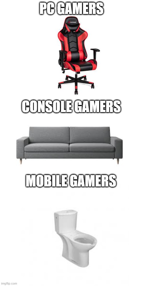 PC GAMERS; CONSOLE GAMERS; MOBILE GAMERS | image tagged in memes,blank transparent square | made w/ Imgflip meme maker