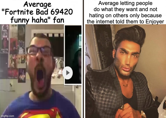 The way I see it, they're not hurting anyone and they're having fun. I think they should be free to do what they want | Average "Fortnite Bad 69420 funny haha" fan; Average letting people do what they want and not hating on others only because the internet told them to Enjoyer | image tagged in average fan vs average enjoyer | made w/ Imgflip meme maker
