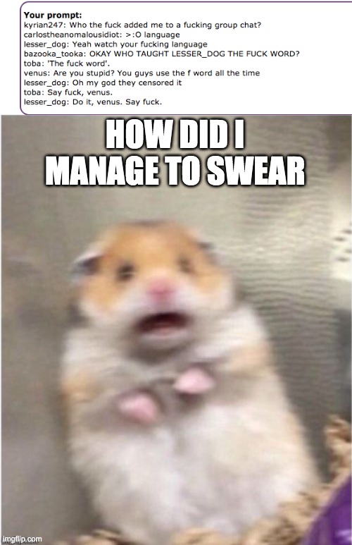 HOW DID I MANAGE TO SWEAR | image tagged in scared hamster | made w/ Imgflip meme maker