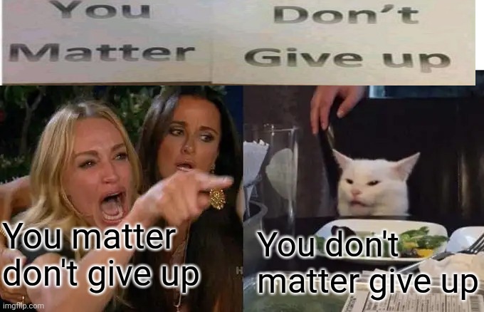 Woman Yelling At Cat Meme |  You matter don't give up; You don't matter give up | image tagged in memes,woman yelling at cat | made w/ Imgflip meme maker