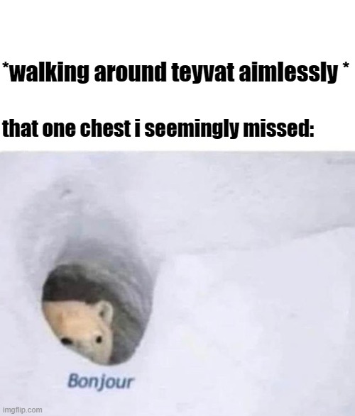 genshin in a nuthsell | *walking around teyvat aimlessly *; that one chest i seemingly missed: | image tagged in bonjour | made w/ Imgflip meme maker