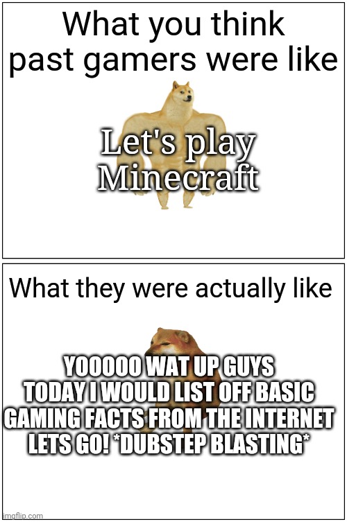 Blank Comic Panel 1x2 Meme | What you think past gamers were like; Let's play Minecraft; What they were actually like; YOOOOO WAT UP GUYS TODAY I WOULD LIST OFF BASIC GAMING FACTS FROM THE INTERNET LETS GO! *DUBSTEP BLASTING* | image tagged in memes,blank comic panel 1x2 | made w/ Imgflip meme maker