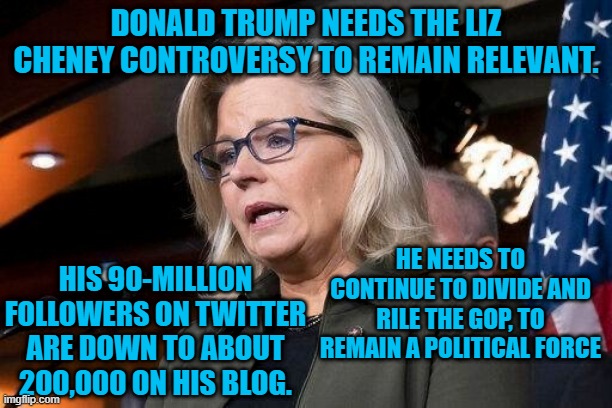 His Star Is Fading Fast. | DONALD TRUMP NEEDS THE LIZ CHENEY CONTROVERSY TO REMAIN RELEVANT. HE NEEDS TO CONTINUE TO DIVIDE AND RILE THE GOP, TO REMAIN A POLITICAL FORCE; HIS 90-MILLION FOLLOWERS ON TWITTER ARE DOWN TO ABOUT 200,000 ON HIS BLOG. | image tagged in politics | made w/ Imgflip meme maker