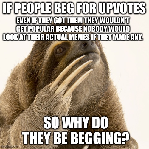 I've been thinking | IF PEOPLE BEG FOR UPVOTES; EVEN IF THEY GOT THEM THEY WOULDN'T GET POPULAR BECAUSE NOBODY WOULD LOOK AT THEIR ACTUAL MEMES IF THEY MADE ANY. SO WHY DO THEY BE BEGGING? | image tagged in contemplating sloth,memes,upvote begging,upvote beggars,why,whyyy | made w/ Imgflip meme maker