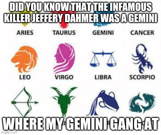 Gemini gang AYY | DID YOU KNOW THAT THE INFAMOUS KILLER JEFFERY DAHMER WAS A GEMINI; WHERE MY GEMINI GANG AT | image tagged in zodiac signs | made w/ Imgflip meme maker