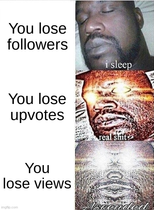 i sleep, real shit, ASCENDED (fixed text) | You lose followers; You lose upvotes; You lose views | image tagged in i sleep real shit ascended fixed text | made w/ Imgflip meme maker