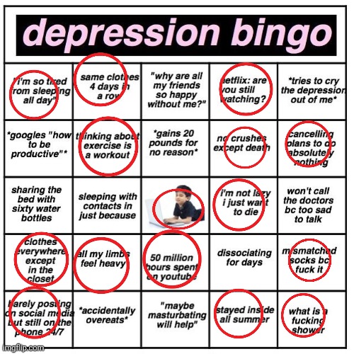 I am now concerned with my health | image tagged in depression bingo | made w/ Imgflip meme maker