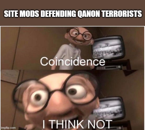 Coincidence, I THINK NOT | SITE MODS DEFENDING QANON TERRORISTS | image tagged in coincidence i think not | made w/ Imgflip meme maker