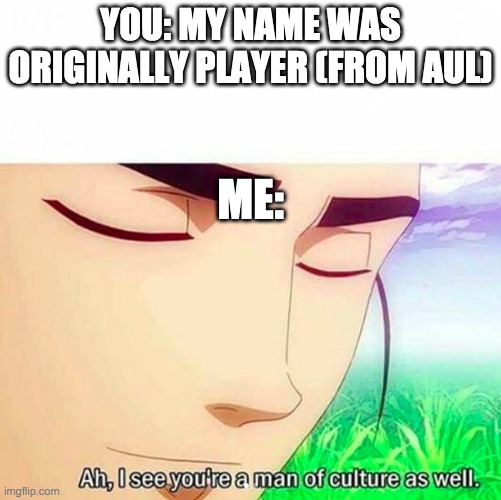 Ah,I see you are a man of culture as well | YOU: MY NAME WAS ORIGINALLY PLAYER (FROM AUL) ME: | image tagged in ah i see you are a man of culture as well | made w/ Imgflip meme maker