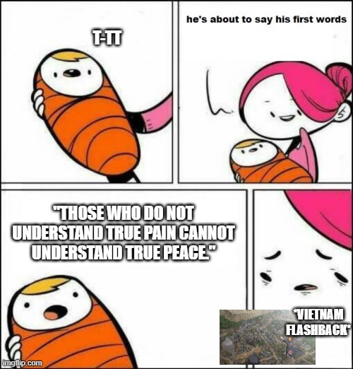 He is About to Say His First Words | T-TT; "THOSE WHO DO NOT UNDERSTAND TRUE PAIN CANNOT UNDERSTAND TRUE PEACE."; *VIETNAM FLASHBACK* | image tagged in he is about to say his first words | made w/ Imgflip meme maker