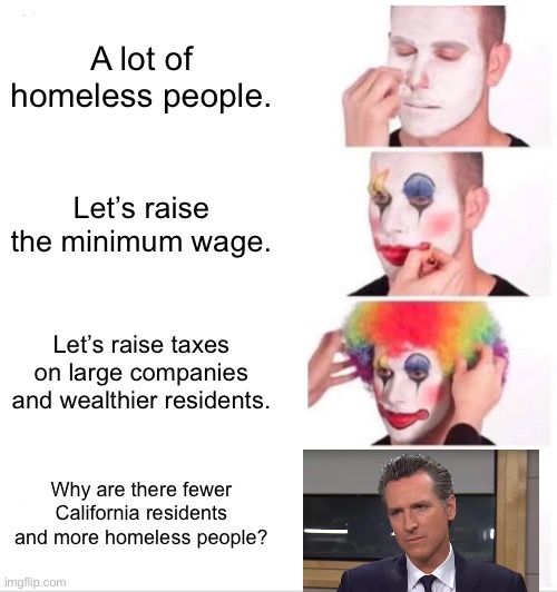 Gavin Newsom is a clown | A lot of homeless people. Let’s raise the minimum wage. Let’s raise taxes on large companies and wealthier residents. Why are there fewer California residents and more homeless people? | image tagged in memes,clown applying makeup,gavin newsom,homeless,taxes,liberal logic | made w/ Imgflip meme maker