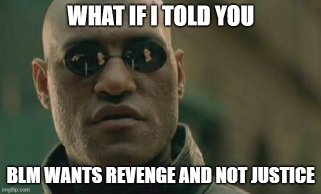 yEET | WHAT IF I TOLD YOU; BLM WANTS REVENGE AND NOT JUSTICE | image tagged in memes,matrix morpheus | made w/ Imgflip meme maker