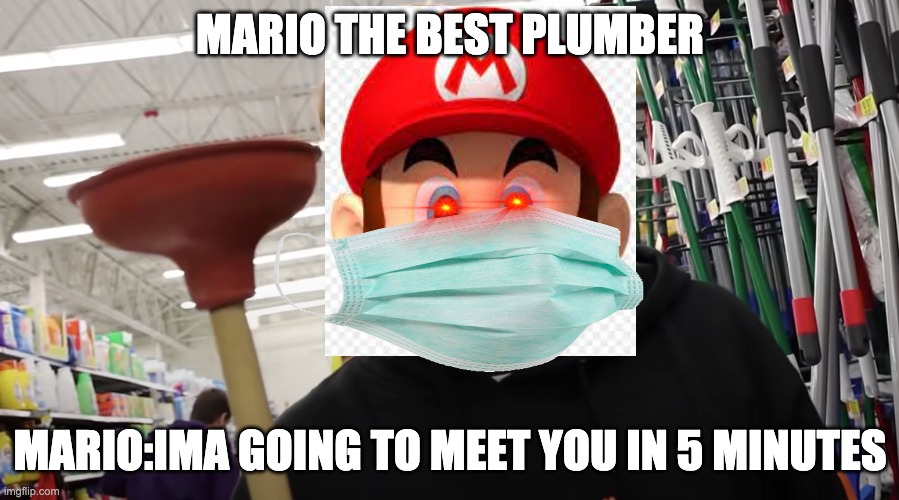 Mario the Best Plumber | MARIO THE BEST PLUMBER; MARIO:IMA GOING TO MEET YOU IN 5 MINUTES | image tagged in mario plumber | made w/ Imgflip meme maker