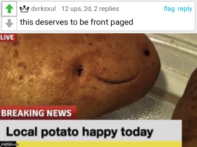 Untitled image | image tagged in local potato happy today | made w/ Imgflip meme maker