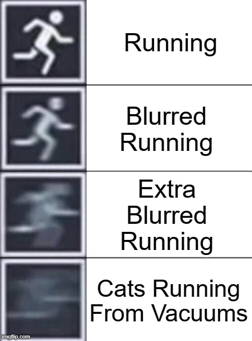 Walking, Running, Sprinting | Running; Blurred Running; Extra
Blurred
Running; Cats Running From Vacuums | image tagged in walking running sprinting | made w/ Imgflip meme maker