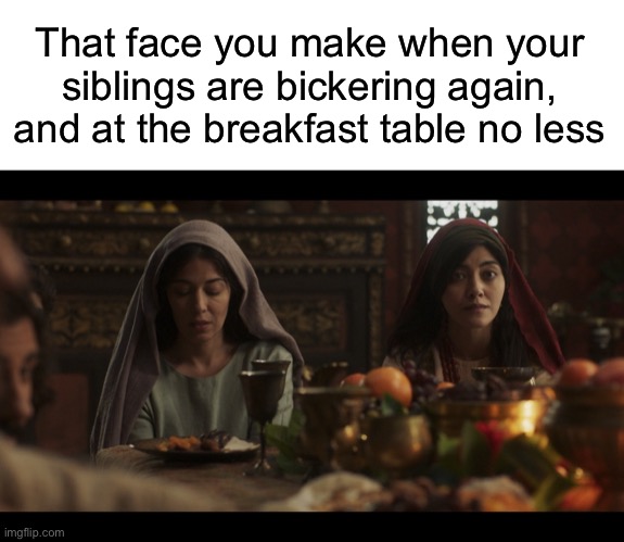 The look of exasperation on Mary Magdalene’s face! XD I love it!! | That face you make when your siblings are bickering again, and at the breakfast table no less | image tagged in blank white template,the chosen | made w/ Imgflip meme maker