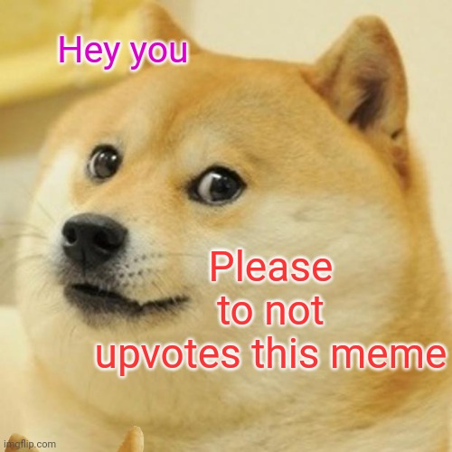 You shall not upvotes this meme |  Hey you; Please to not upvotes this meme | image tagged in memes,angry doge | made w/ Imgflip meme maker