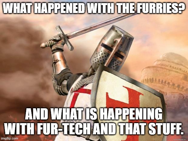questions i have. | WHAT HAPPENED WITH THE FURRIES? AND WHAT IS HAPPENING WITH FUR-TECH AND THAT STUFF. | image tagged in crusader | made w/ Imgflip meme maker