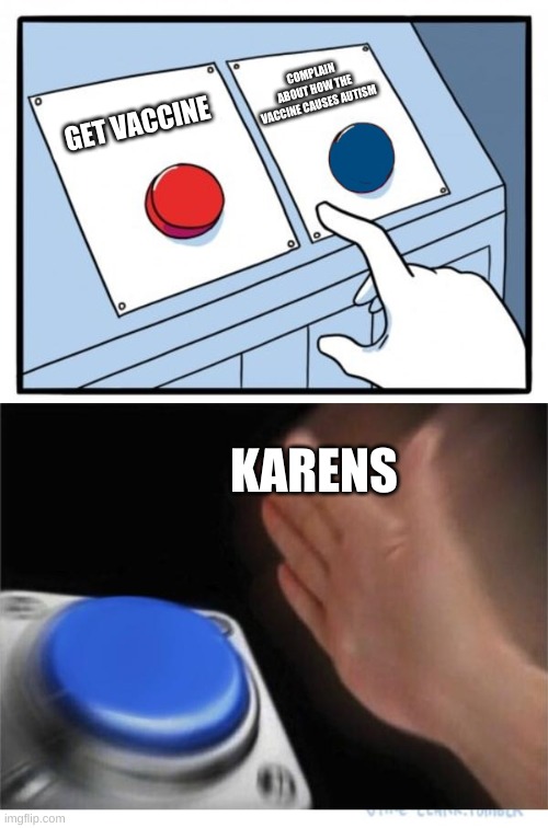 karens | COMPLAIN ABOUT HOW THE VACCINE CAUSES AUTISM; GET VACCINE; KARENS | image tagged in two buttons 1 blue,karens,karen,vaccination,autism,dumb | made w/ Imgflip meme maker