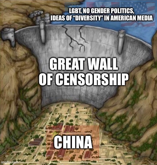 Damb Protecting Town | LGBT, NO GENDER POLITICS, IDEAS OF “DIVERSITY” IN AMERICAN MEDIA; GREAT WALL OF CENSORSHIP; CHINA | image tagged in damb protecting town,china,politics,diversity,lgbt,no no he's got a point | made w/ Imgflip meme maker