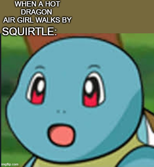 WHEN A HOT DRAGON 
AIR GIRL WALKS BY; SQUIRTLE: | image tagged in surprised pikachu,pokemon talk | made w/ Imgflip meme maker