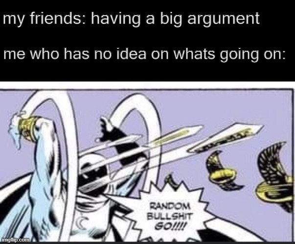 No idea | my friends: having a big argument; me who has no idea on whats going on: | image tagged in random bullshit go | made w/ Imgflip meme maker