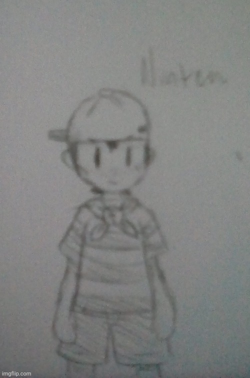 Low-quality phone picture of Ninten sketch | image tagged in ninten,earthbound beginnings,art | made w/ Imgflip meme maker